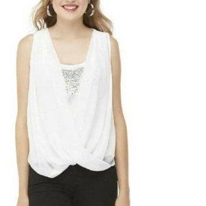 Bongo Blouse Jr L Cream Beaded Surplice Semi Sheer Sleeveless Top Teen Girls